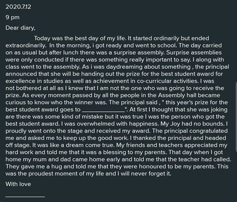 You won the Best Student Award this year. Make a diary entry in 100-150 ...