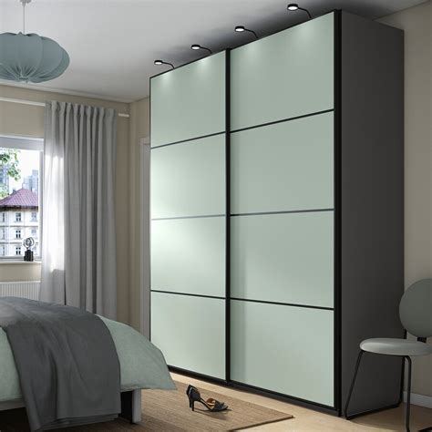 PAX / MEHAMN wardrobe with sliding doors, dark grey/double sided light ...