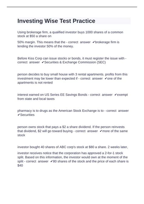 Investing Wise Test Practice Questions with complete solution 2024/2025 ...