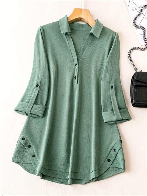 EMERY ROSE Women's Plus Size Solid Color Roll-Up Sleeve Shirt | SHEIN USA