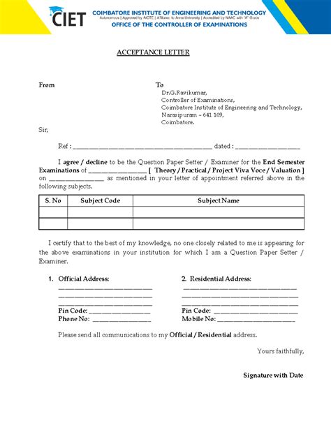 Acceptance Letter for QP Setter - Coimbatore Institute of Engineering ...