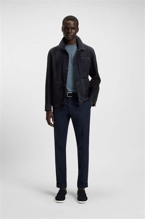 BOSS - Regular-fit jacket in nappalan suede - Dark Blue