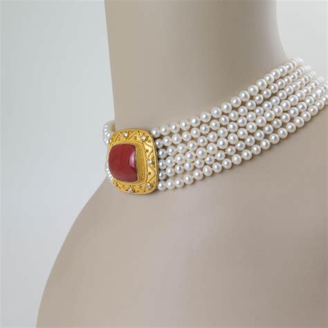 Carolyn Tyler 'Corinna Choker' White Pearl and Red Coral Necklace in ...