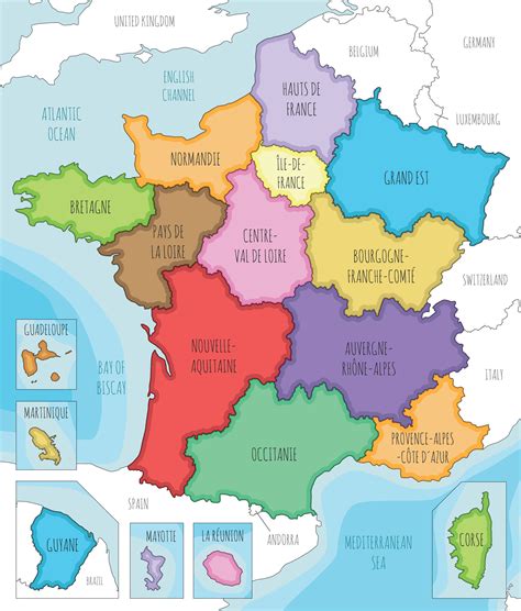 Vector illustrated map of France with regions and territories and ...