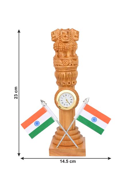 Kadam wood carved Ashoka pillar with Indian national flag for table de