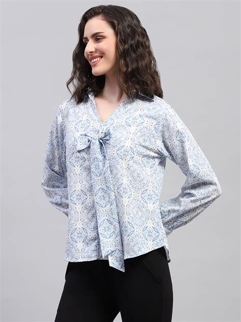 Buy Women Blue Printed Collar Full Sleeve Top Online in India - Monte Carlo
