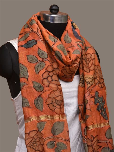 Orange Kalamkari Hand Painted Cotton Silk Handloom Dupatta with Peacoc ...