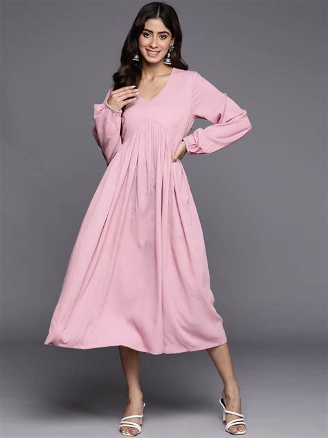 Varanga Women Pink V-Neck Bishop Sleeves Calf Length A-Line Dress ...
