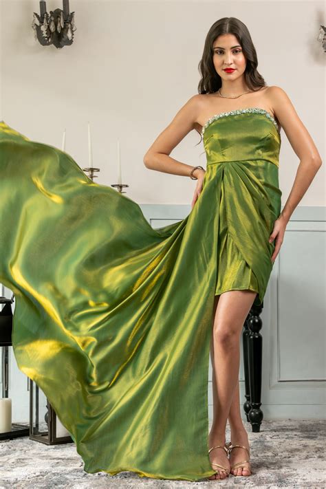 Green Metallic Drape Dress With Trail – LabelSwish