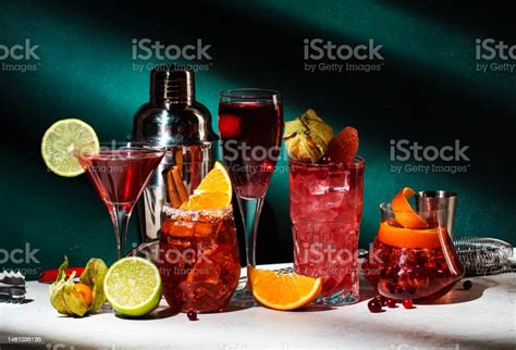 Red Alcoholic Cocktails Set Kir Royale Negroni Boulevardier ...