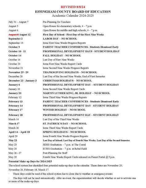 Effingham County Schools Calendar 2025-2026 in PDF