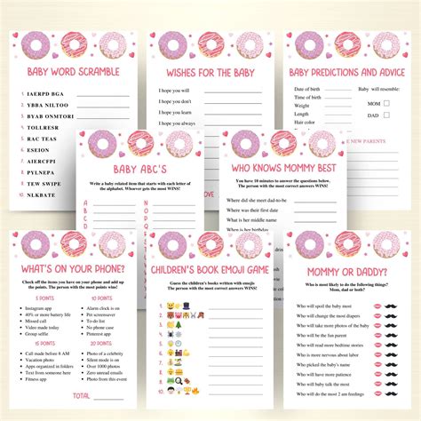 16 Printable Donut Baby Shower Games | Pink Doughnut Baby Shower Game ...