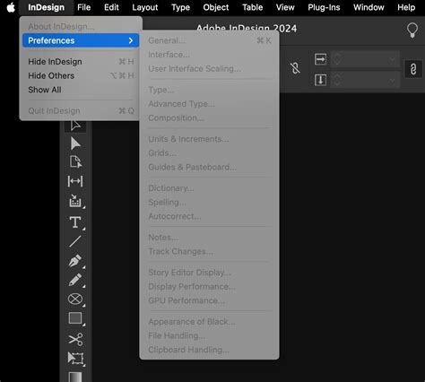 All the menu panel options are greyed out on InDesign 19.4 on macOS 14. ...