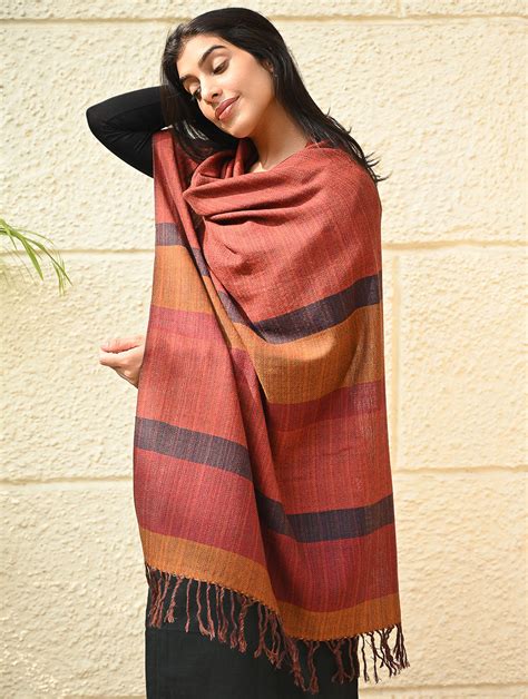 Buy Fine, Soft Himachal Wool Self Striped Stole - Harvest Glow Online