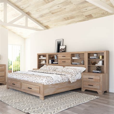 Oak Queen Bookcase Headboard Twin Captain Bed Wood Frame Modern