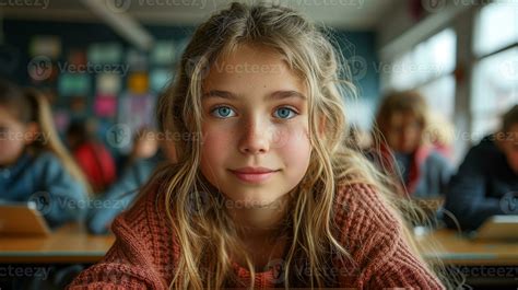AI generated Portrait of a smiling young girl in classroom with ...