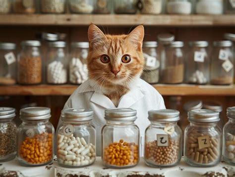 A cat dressed as a scientist in a laboratory surrounded by jars of ...