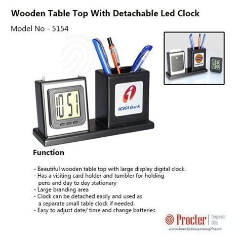WOODEN TABLE TOP WITH DETACHABLE LED CLOCK, VISITING CARD HOLDER AND ...