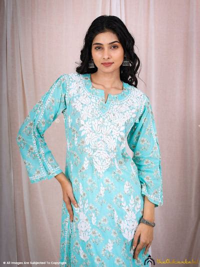 Blue Chikankari Printed Kurti | The Chikan Label