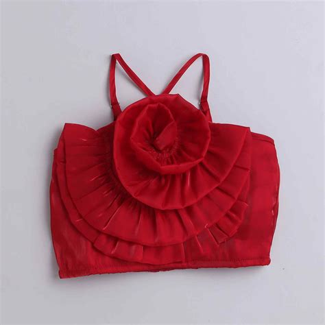Shop Rose Detail Halter Neck Party Crop Top With Pant Set-Red/Black ...