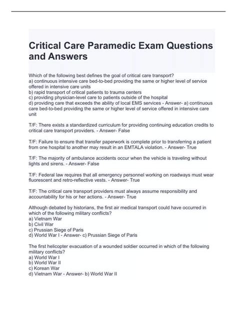 Critical Care Paramedic Exam Questions and Answers - Critical Care ...
