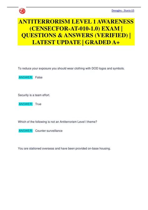 ANTITERRORISM LEVEL 1 AWARENESS (CENSECFOR-AT-010-1.0) EXAM | QUESTIONS ...