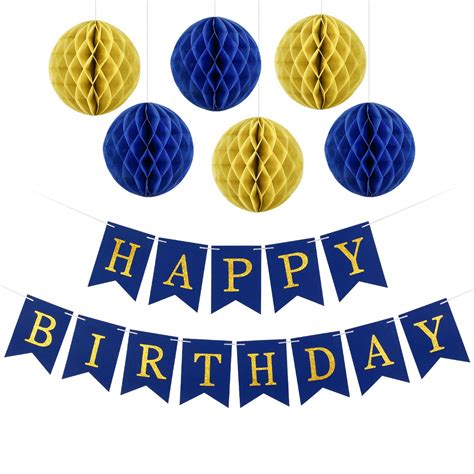 Buy Blue and Yellow Birthday Decor- Navy Blue Happy Birthday Banner ...