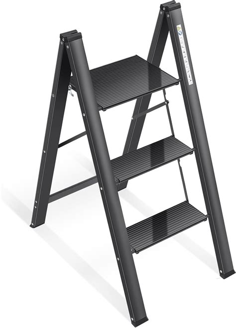 KINGRACK Aluminium 3 Step Ladder with Wide Steps, Lightweight Folding ...