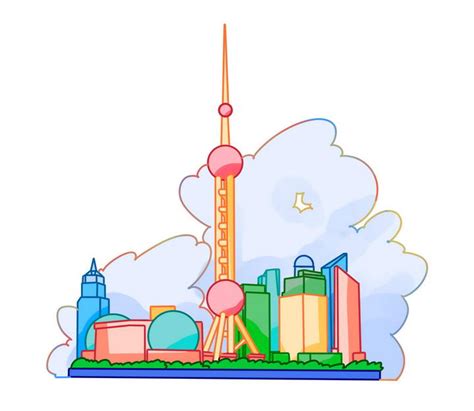 手绘风格简约上海城市天际线地标建筑图片免抠素材 - 设计盒子