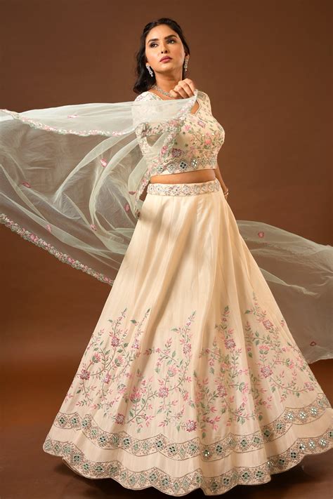 Light Peach Lehenga Set in Opada Silk With Multi Coloured Thread Work