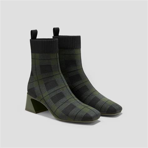 Square-Toe Water-Repellent Block Heeled Boots (Regina Pro), Green Plaid ...