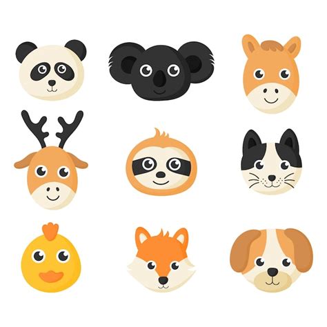Cute animal faces icon set isolated on white background. | Premium Vector