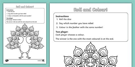 👉 Peacock-Themed Roll and Colour Activity Sheet