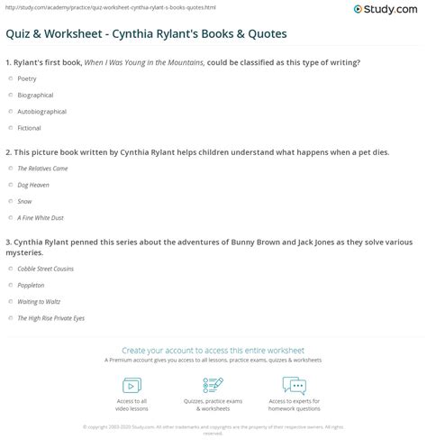 Quiz & Worksheet - Cynthia Rylant's Books & Quotes | Study.com
