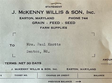 Easton Maryland Vintage Billhead J. McKenny Willis and Son Seed Feed ...