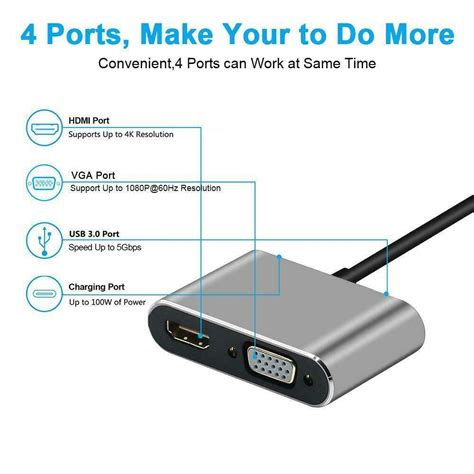 USB C ਤੋਂ 4K HDMI VGA ਮਲਟੀਪੋਰਟ