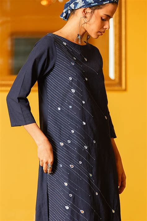 Okhai 'Baarish' Hand Embroidery Mirror Work Cotton Kurta-Pant Set ...