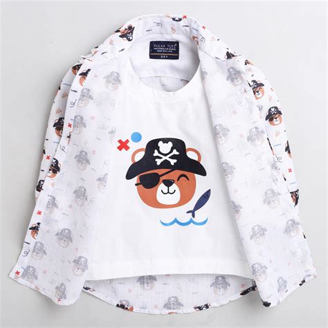 Polka Tots Full Sleeve Pirate Print Shirt With Attached Tshirt - White ...