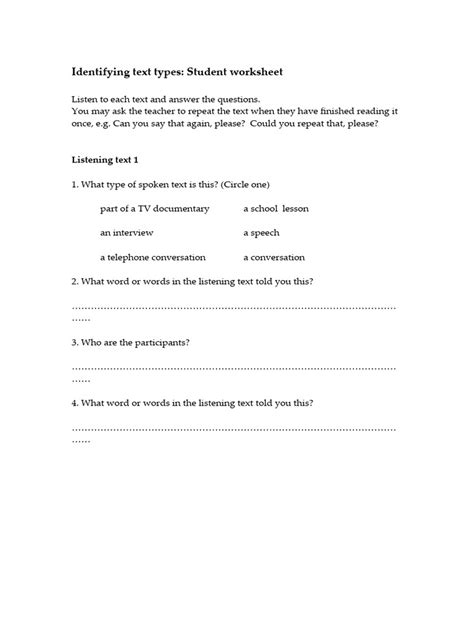 LT2Identifying Text Types - Student Worksheet | PDF | Human Communication | Linguistics