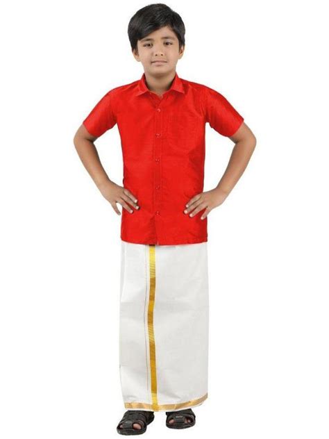 Boys Silk Cotton Dhoti Set | Kids Dhotis & Red Shirt | Ramraj Cotton