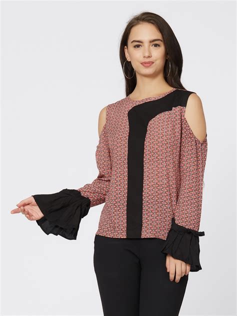 Front Flap Printed Cold Shoulder Full Sleeve Top Tops