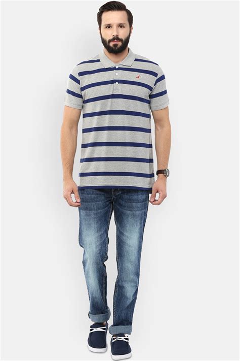 Men's Polo Collar Striped T-Shirt - Grey Melange & Navy Blue – American ...