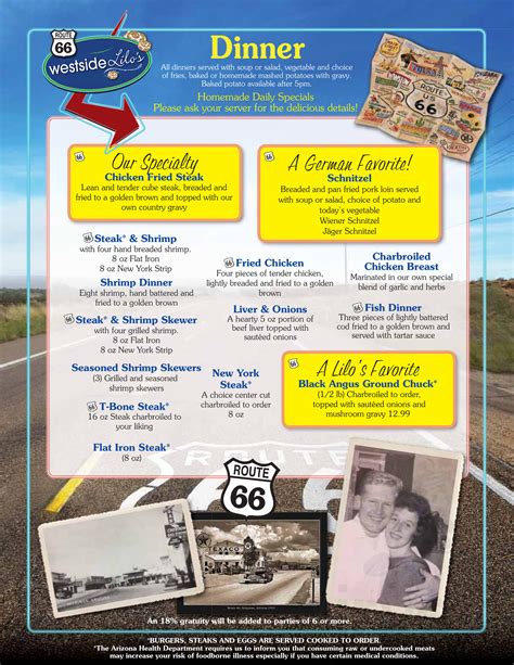 Westside Lilo's Cafe menu in Seligman, Arizona, USA