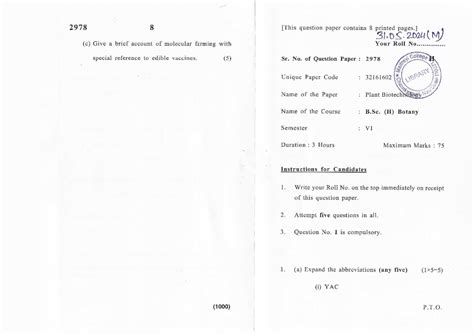 B.Sc. (H) Botany Sem VI: Question Paper 2978 on Molecular Farming ...