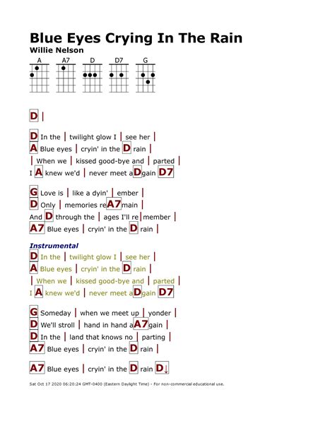 Blue Eyes Crying In The Rain (Willie Nelson) | Guitar chords and lyrics, Lyrics and chords ... - sound of rain chords