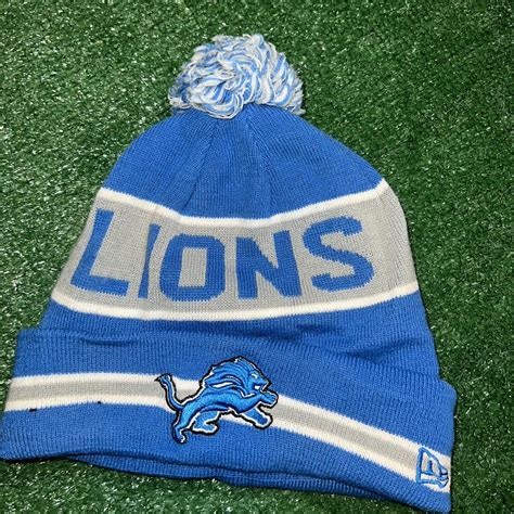 Detroit Lions Winter Beanie with Pompom blue and... - Depop