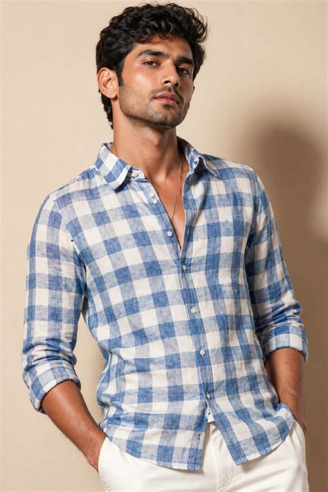 Sky Blue Check Cotton Linen Shirt