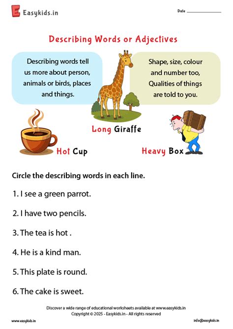 Descriptive Words Worksheet 的图像结果