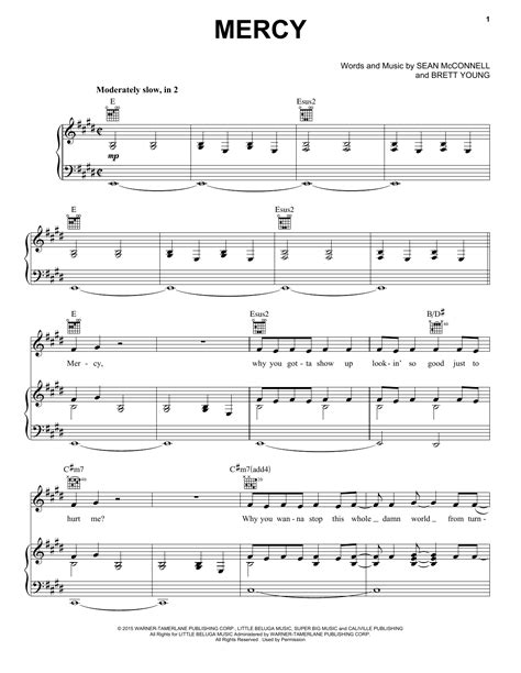 Brett Young "Mercy" Sheet Music for Piano, Vocal & Guitar | Download ...