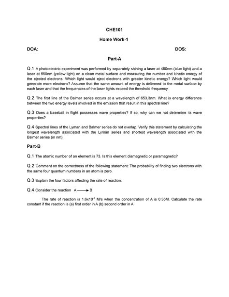 13645 home work 1 - CHE Home Work- DOA: DOS: Part-A Q A photoelectric ...